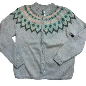 Vintage Grandma Cardigan Sweater Beige Hand Knit M Fair Isle Nordic Icelandic